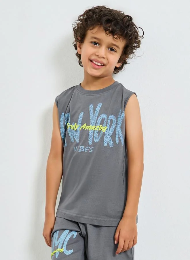 Styli Boys Grey Printed Tank With Shorts Set